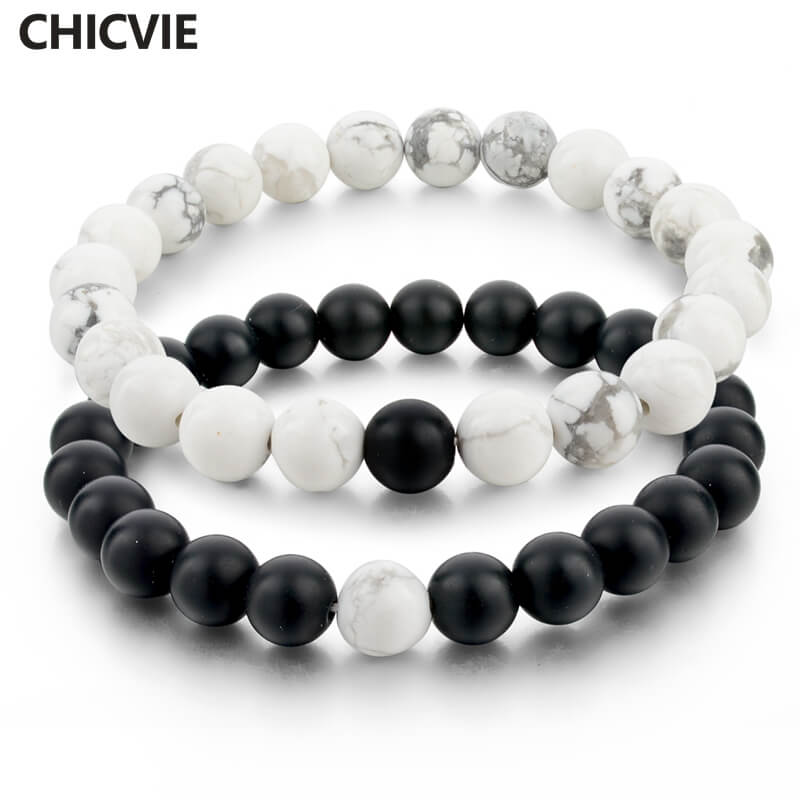 CHICVIE Black and White Natural Stone Distance Bracelets & Bangles for Women Men Strand Lovers Gifts Jewelry Bracelets SBR160101 1