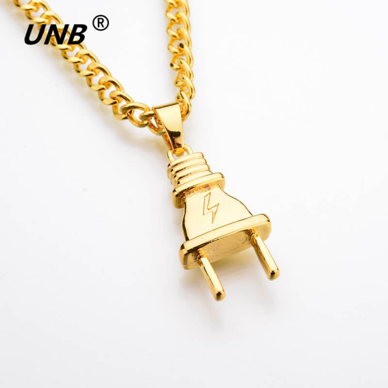 UNB 17 New Gold-color Electrical Plug Shape Pendants Necklaces Men Women Hip Hop Charm Chains Iced Out Bling Jewelry Gifts 2