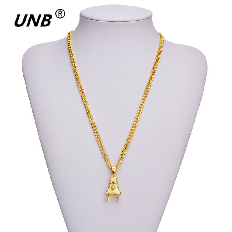 UNB 17 New Gold-color Electrical Plug Shape Pendants Necklaces Men Women Hip Hop Charm Chains Iced Out Bling Jewelry Gifts 5