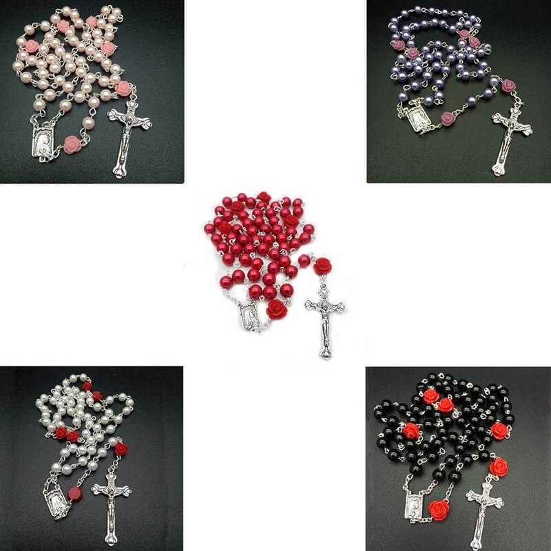 Vintage Religious White Simulated Pearl Beads Red Rose Catholic Rosary Necklace Women Long Strand Necklaces Jesus Jewelry Gift 3