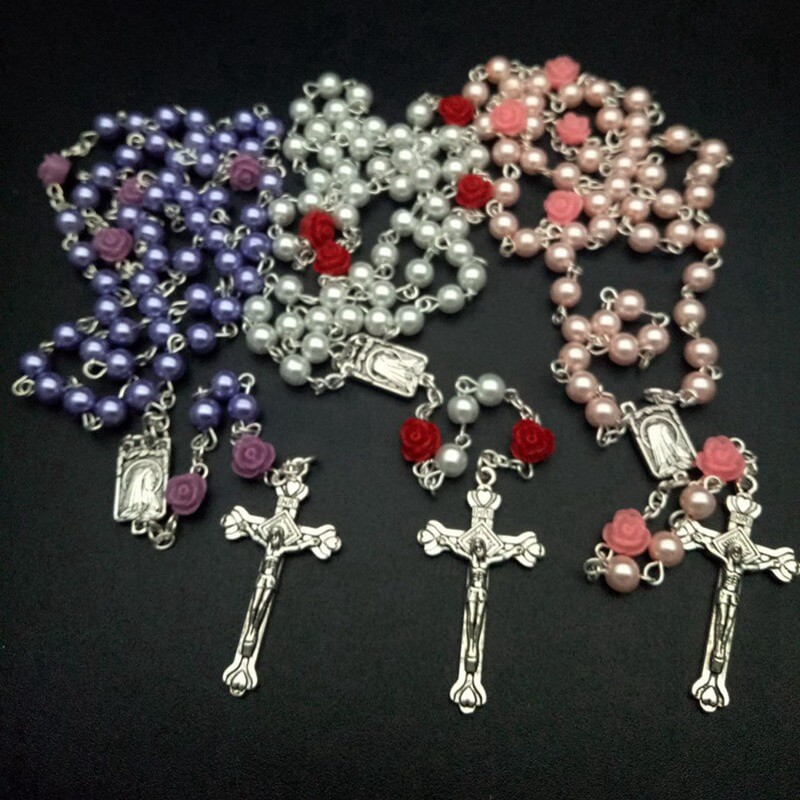 Vintage Religious White Simulated Pearl Beads Red Rose Catholic Rosary Necklace Women Long Strand Necklaces Jesus Jewelry Gift