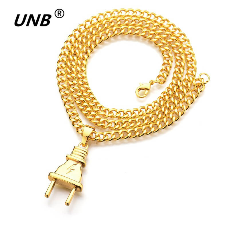 UNB 17 New Gold-color Electrical Plug Shape Pendants Necklaces Men Women Hip Hop Charm Chains Iced Out Bling Jewelry Gifts 1