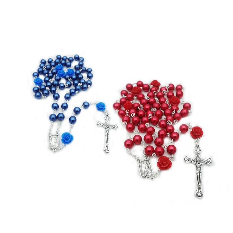 Vintage Religious White Simulated Pearl Beads Red Rose Catholic Rosary Necklace Women Long Strand Necklaces Jesus Jewelry Gift 1