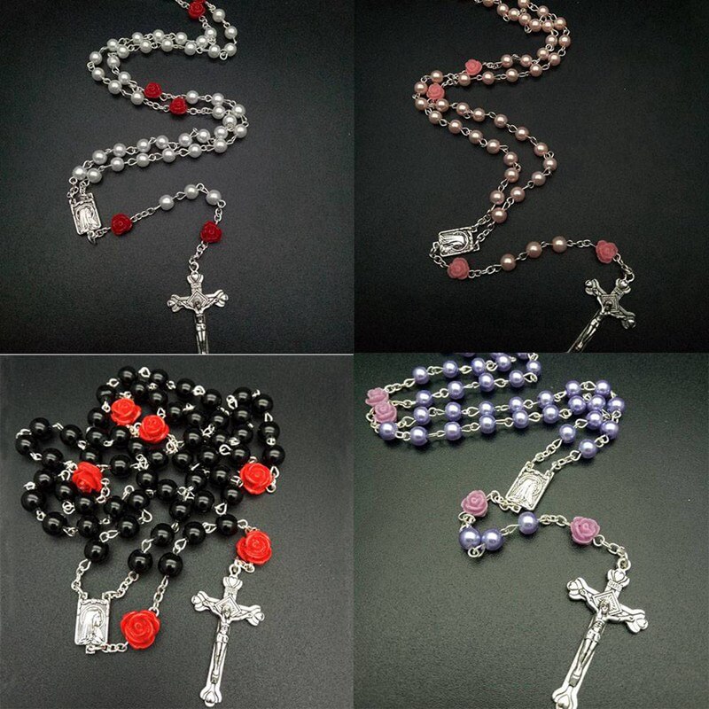 Vintage Religious White Simulated Pearl Beads Red Rose Catholic Rosary Necklace Women Long Strand Necklaces Jesus Jewelry Gift 2