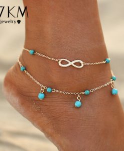 17KM New Double Infinite Beads Pendant Anklet Foot Chain For Woman Summer Bracelet Charm 2 Color Anklets Foot Jewelry Gift