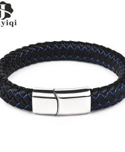 Jiayiqi New Men Jewelry Punk Black Blue Braided Leather Bracelet for Men Stainless Steel Magnetic Clasp Fashion Bangles Gifts