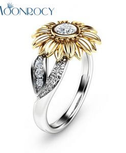 MOONROCY Drop Shipping Cubic Zirconia Jewelry Wholesale Silver Color Cute Sunflower Crystal Wedding Ring for Women Gift