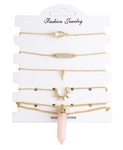 5Pcs/Set Alloy New Bijoux Fashion Natural Stone Pink Vintage Bracelets For Women Gold Color Bracelet Set Gift Wholesale Jewelry