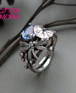 AMORUI New Fashion Silver Black Lotus Leaf Dragonfly Party Ring 6/7/8/9/10 Size Copper Rings for Women Anniversary Gifts Jewelry